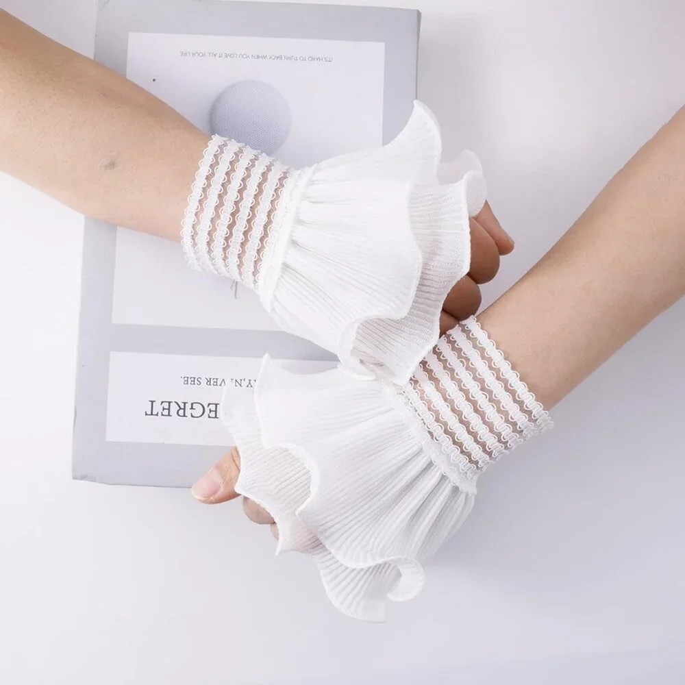 Women's Flared Sleeves White Elastic Bracelet Wrist Cuffs Gloves Wedding Party